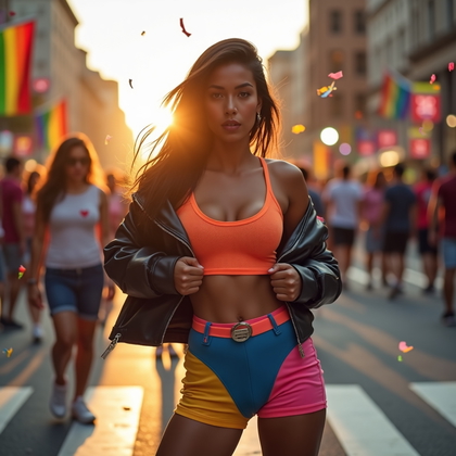 AI-generated photo: Photorealistic lifestyle fashion photo: Pride Month street portrait at golden hour on a city bouleva...