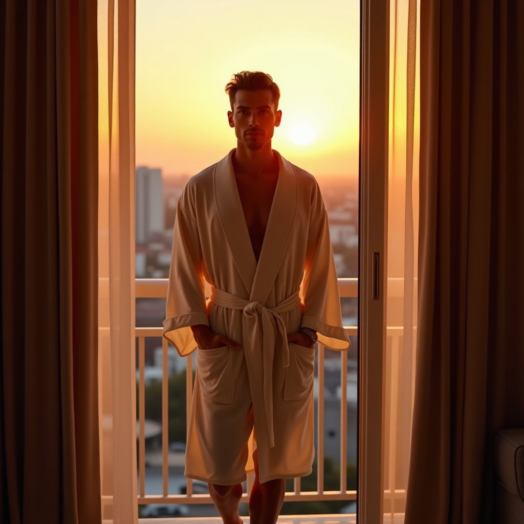 AI-generated photo: Photorealistic hotel-suite portrait photo at sunset, framed in a balcony doorway with sheer curtains...