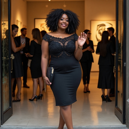 AI-generated photo: Fashion-forward lifestyle photo featuring a woman in a fitted, off-the-shoulder black cocktail dress...