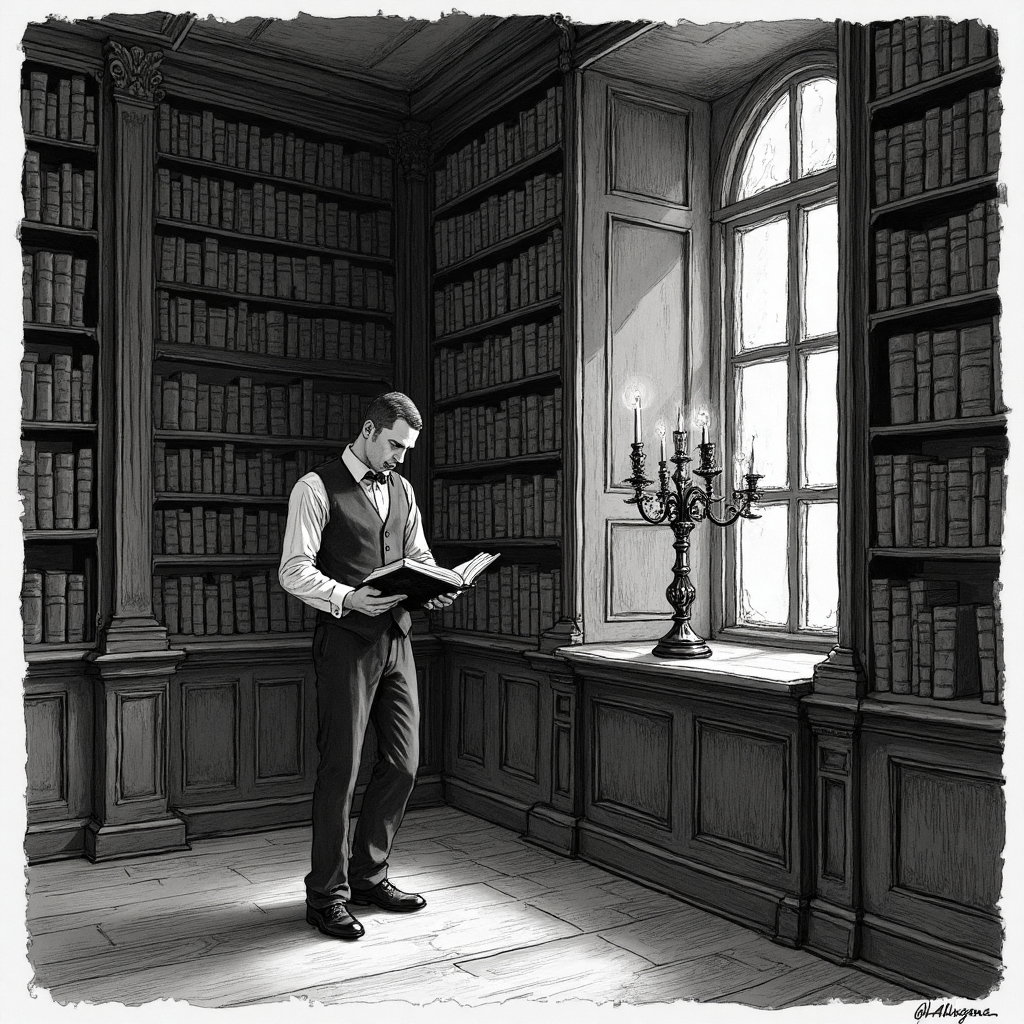 AI-generated photo: **Gothic pen and ink drawing.** In the shadowed recesses of a grand library, filled with towering bo...