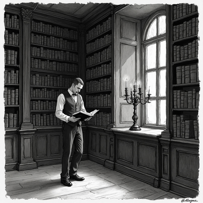 AI-generated photo: **Gothic pen and ink drawing.** In the shadowed recesses of a grand library, filled with towering bo...