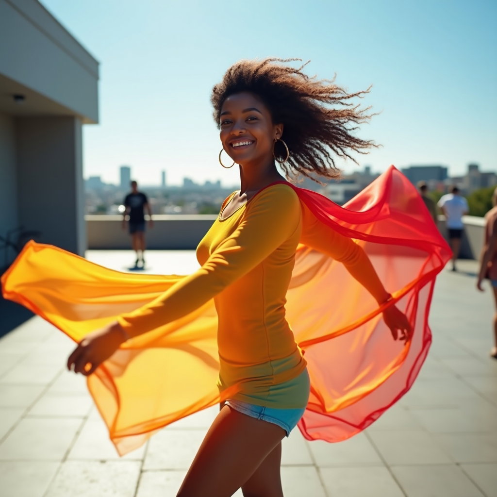 Gender-Expressive Pride Portraits With Confident Posing example: Photorealistic action portrait photography, the subject captured mid-step while turning toward the camera, a colorful sh