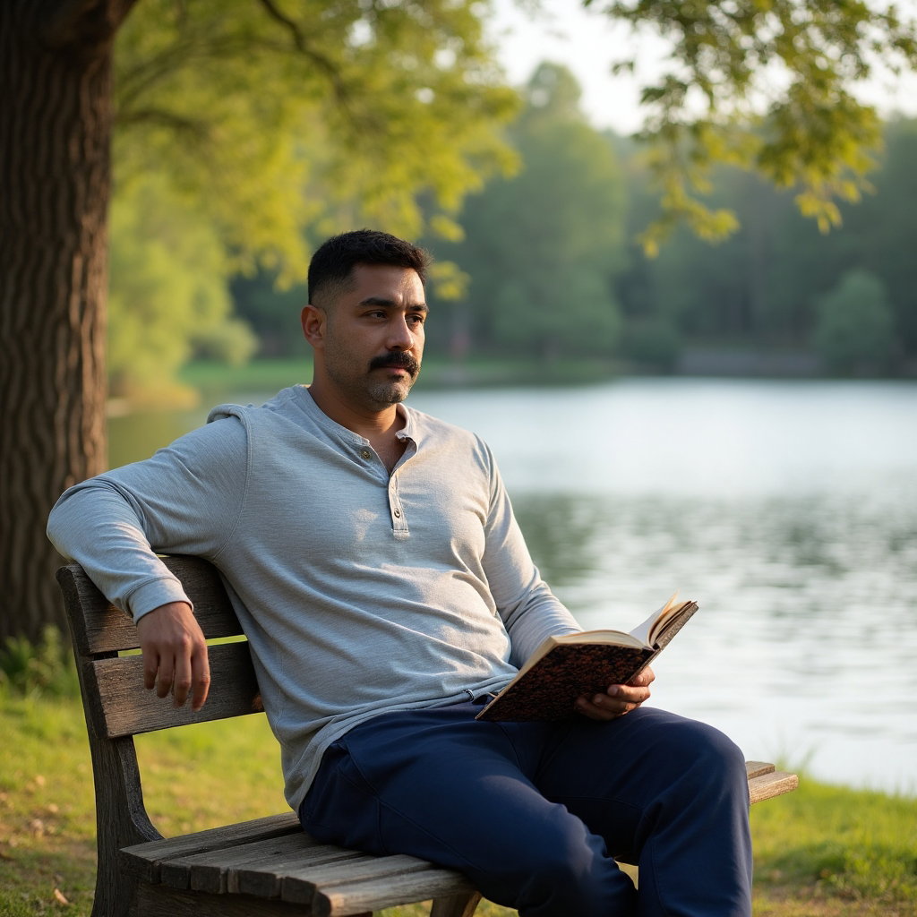 AI-generated photo: Tinder photo capturing a tranquil afternoon at a scenic lakeside park. The subject is casually dress...