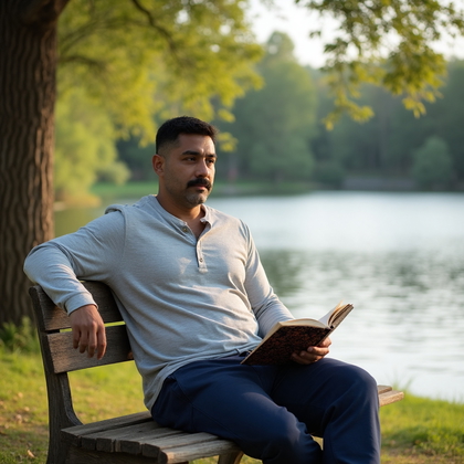 AI-generated photo: Tinder photo capturing a tranquil afternoon at a scenic lakeside park. The subject is casually dress...