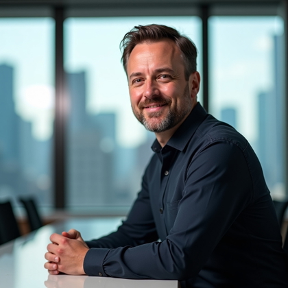 Professional headshot photography. Environmental portrait in a conference room, the subject positioned off-center beside a table and presentation screen, leaning slightly forward with an engaged, thoughtful expression. Daylit city skyline through large windows, muted navy and charcoal styling, credible leadership atmosphere, face clearly visible and uncluttered.