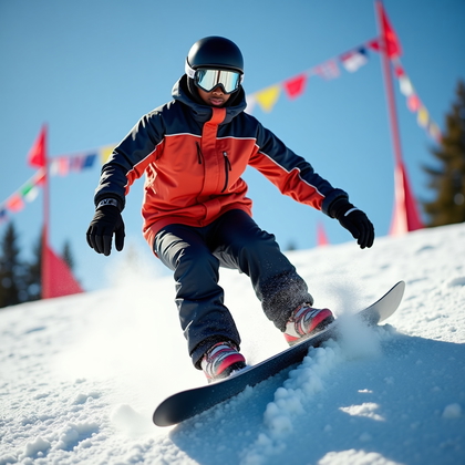 AI-generated photo: Photorealistic action-portrait snowboarding photo capturing a strong, grounded stance on the knuckle...