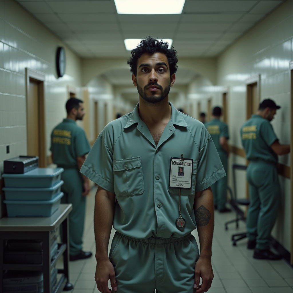 AI-generated photo: Photorealistic over-the-shoulder prison intake photo capturing the inmate turning suddenly toward th...