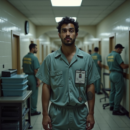 AI-generated photo: Photorealistic over-the-shoulder prison intake photo capturing the inmate turning suddenly toward th...