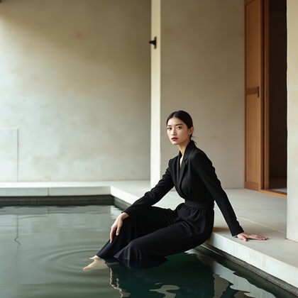 AI-generated photo: Fashion portrait photography, a refined zen-inspired portrait composed beside a shallow indoor refle...