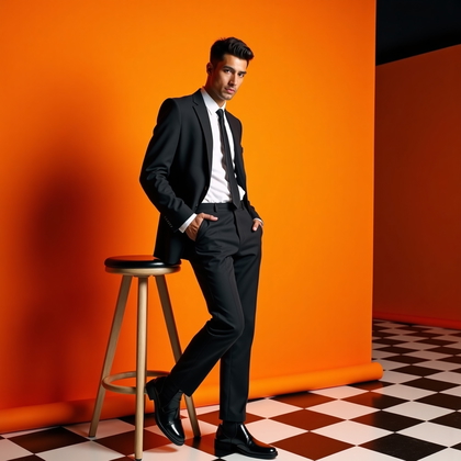 AI-generated photo: Photorealistic studio fashion photograph of a solo subject in a sharp 1960s-mod tailored suit with a...