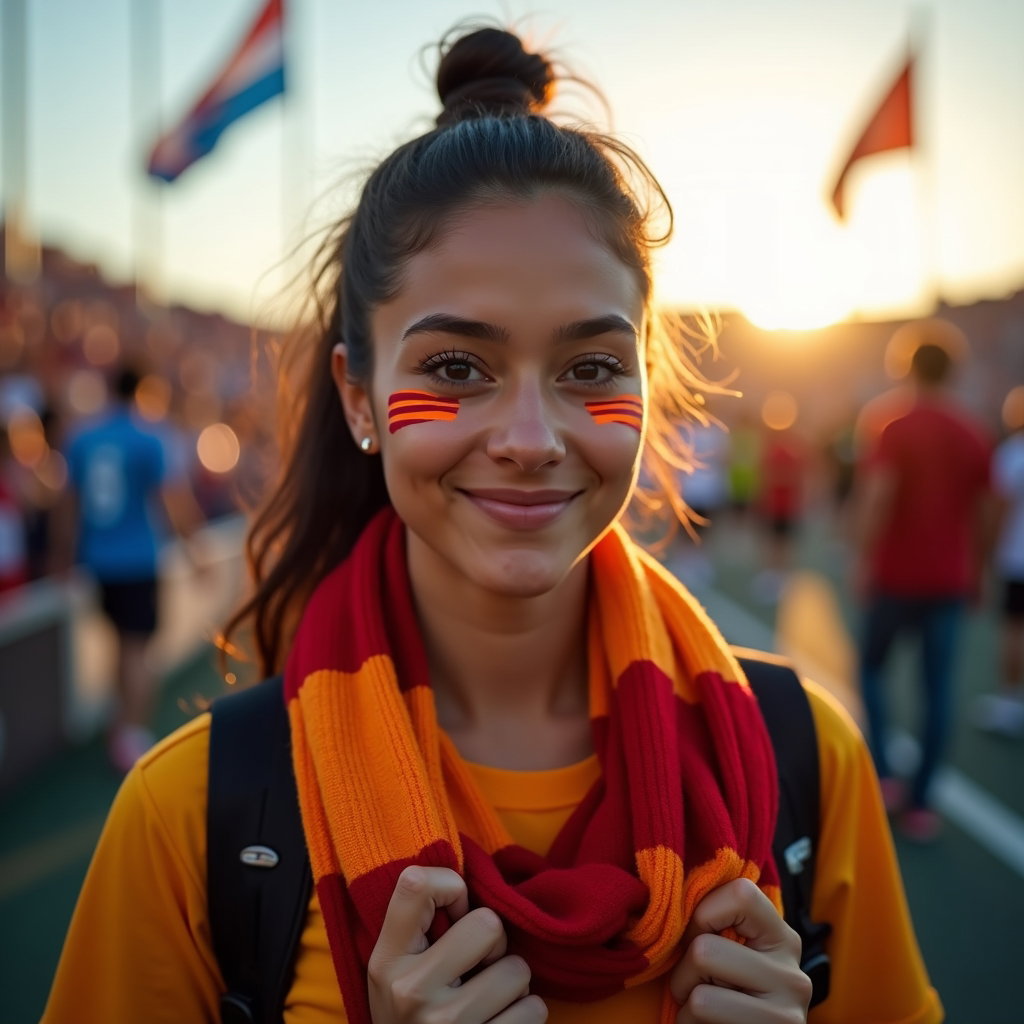 Stadium Arrival Hero Portraits example: Photorealistic sports portrait photography. Tight close-up of a single football fan at the stadium arrival gates, holdin