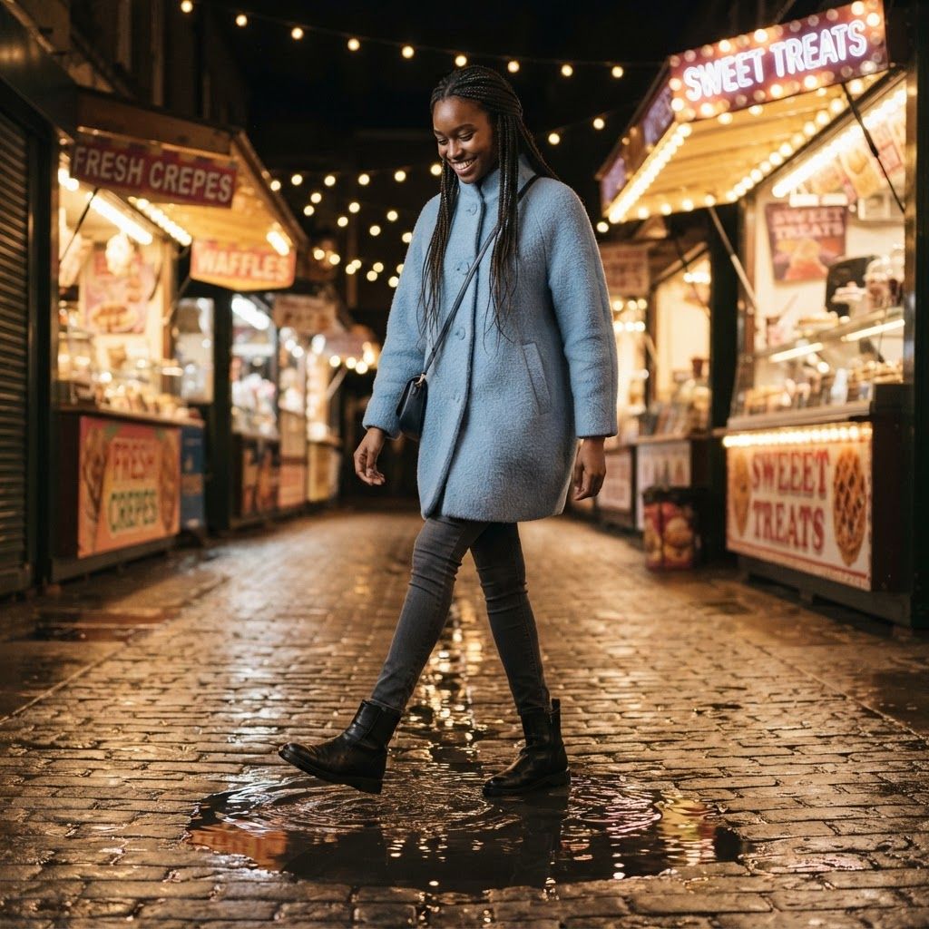 Cocoon Coat in a Night Market: Photorealistic head-to-toe portrait in a night-market lane lit by strings of small bulbs.