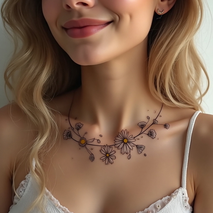 AI-generated photo: Photorealistic photography of a woman displaying a minimalist line art floral tattoo along her colla...