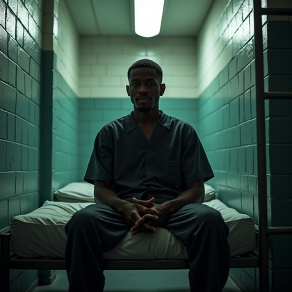 AI-generated photo: Photorealistic prison portrait photography, person sitting upright on the top bunk with their back p...