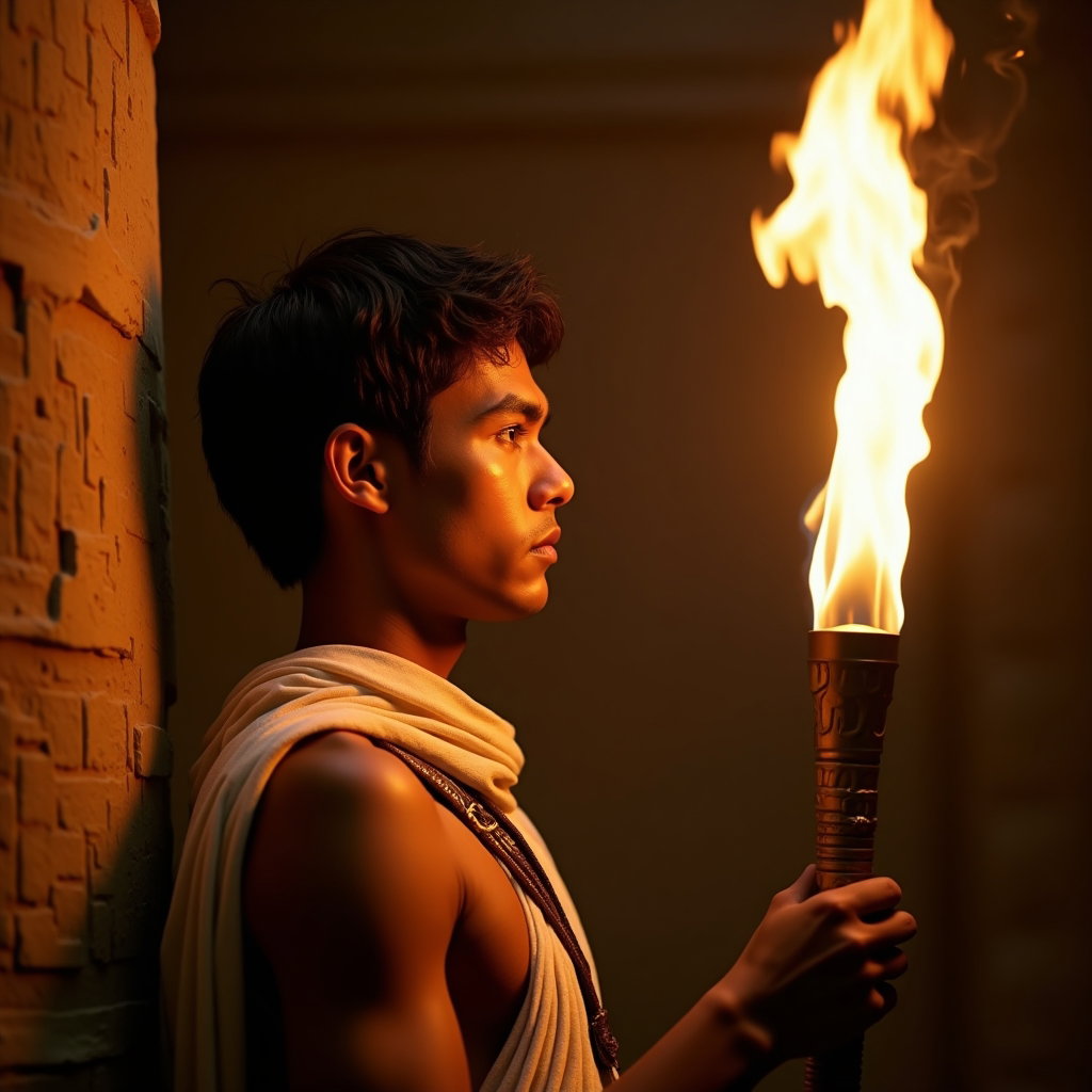 Solo Theseus Labyrinth Torch-Bearer Portrait example: Cinematic mythological portrait photography, profile/avatar crop of a solo torch-bearer framed from the upper chest upwa