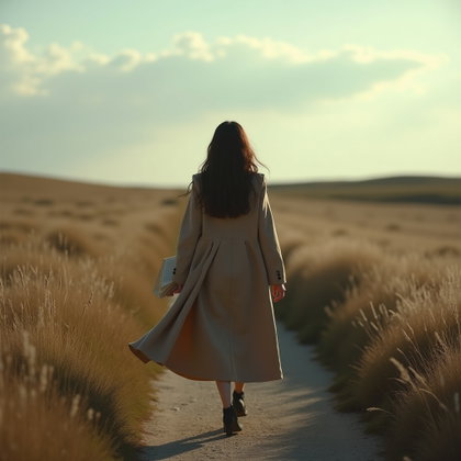 Windblown Meadow Poet Portrait With a Long Coat example: Photorealistic portrait photography. Full-body portrait on a narrow path through an open meadow, the long coat sweeping