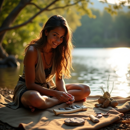 AI-generated photo: Photorealistic lifestyle photo on a sunlit riverbank where a flint knapper kneels on a folded hide, ...
