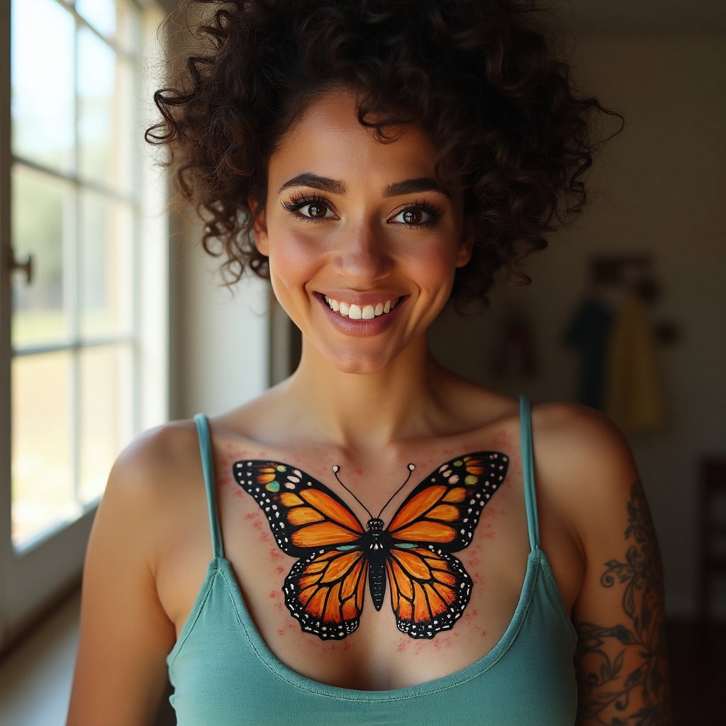 AI-generated photo: Photorealistic photography of a woman displaying a vibrant traditional tattoo of a butterfly on her ...