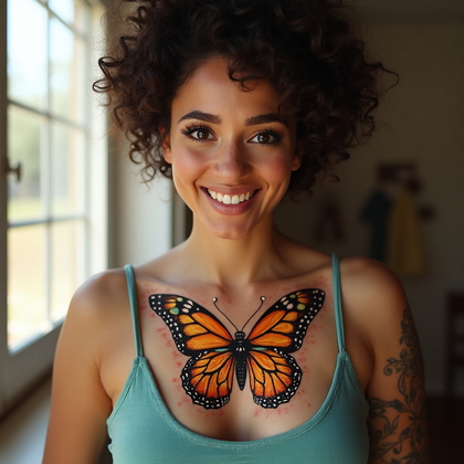 AI-generated photo: Photorealistic photography of a woman displaying a vibrant traditional tattoo of a butterfly on her ...