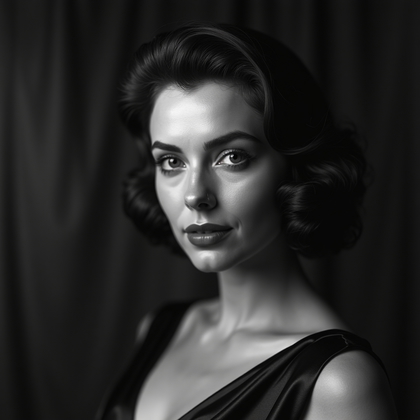 AI-generated photo: Old Hollywood glamour studio portrait photograph, tight head-and-shoulders framing against a deep ve...