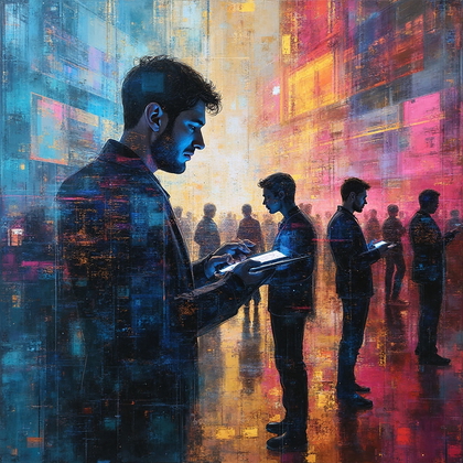 AI-generated photo: Futurist mixed media collage. The chaotic essence of a futuristic tech fair, captured through a comb...