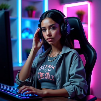 AI-generated photo: Photorealistic fashion portrait photography style, waist-up streamer portrait set in a cozy, aesthet...