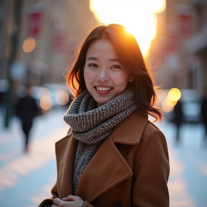AI-generated photo: Photorealistic outdoor portrait photo of a confident subject standing center-frame on a quiet snow-d...