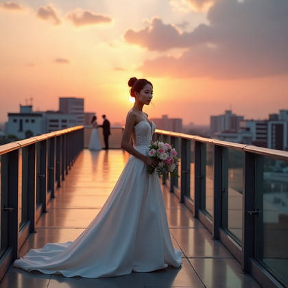 AI-generated photo: Photorealistic wedding photography: urban rooftop at dusk as the sky ignites with pinks and amber, t...