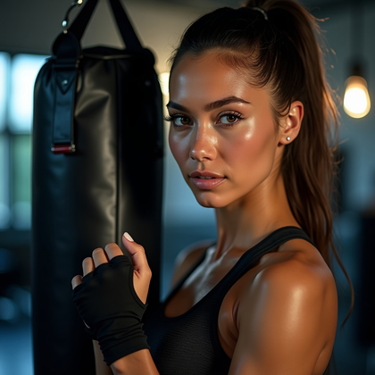 AI-generated photo: Photorealistic gym close-up portrait photograph: angled three-quarter pose toward the lens with the ...
