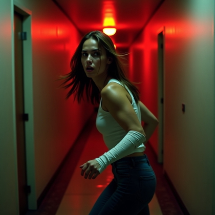 Minimal Blood Clean-Face Survivor Portrait example: Cinematic horror action portrait photo. Motion scene in a narrow motel hallway, the survivor caught mid-run while turnin