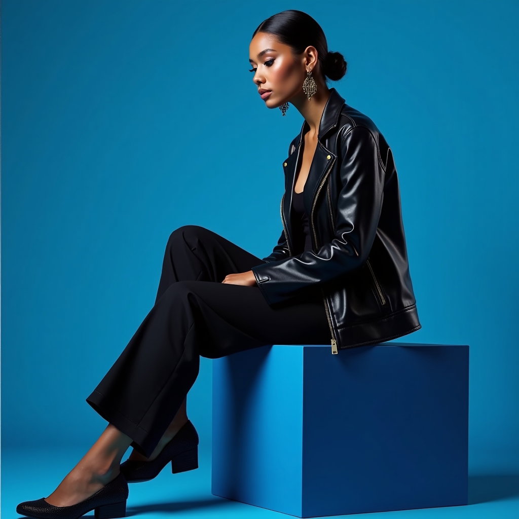 Full-Body Fashion Editorial Pop Star Cover Photos example: Photorealistic fashion editorial album cover photo. Profile-avatar crop with the subject seated on a low sculptural bloc