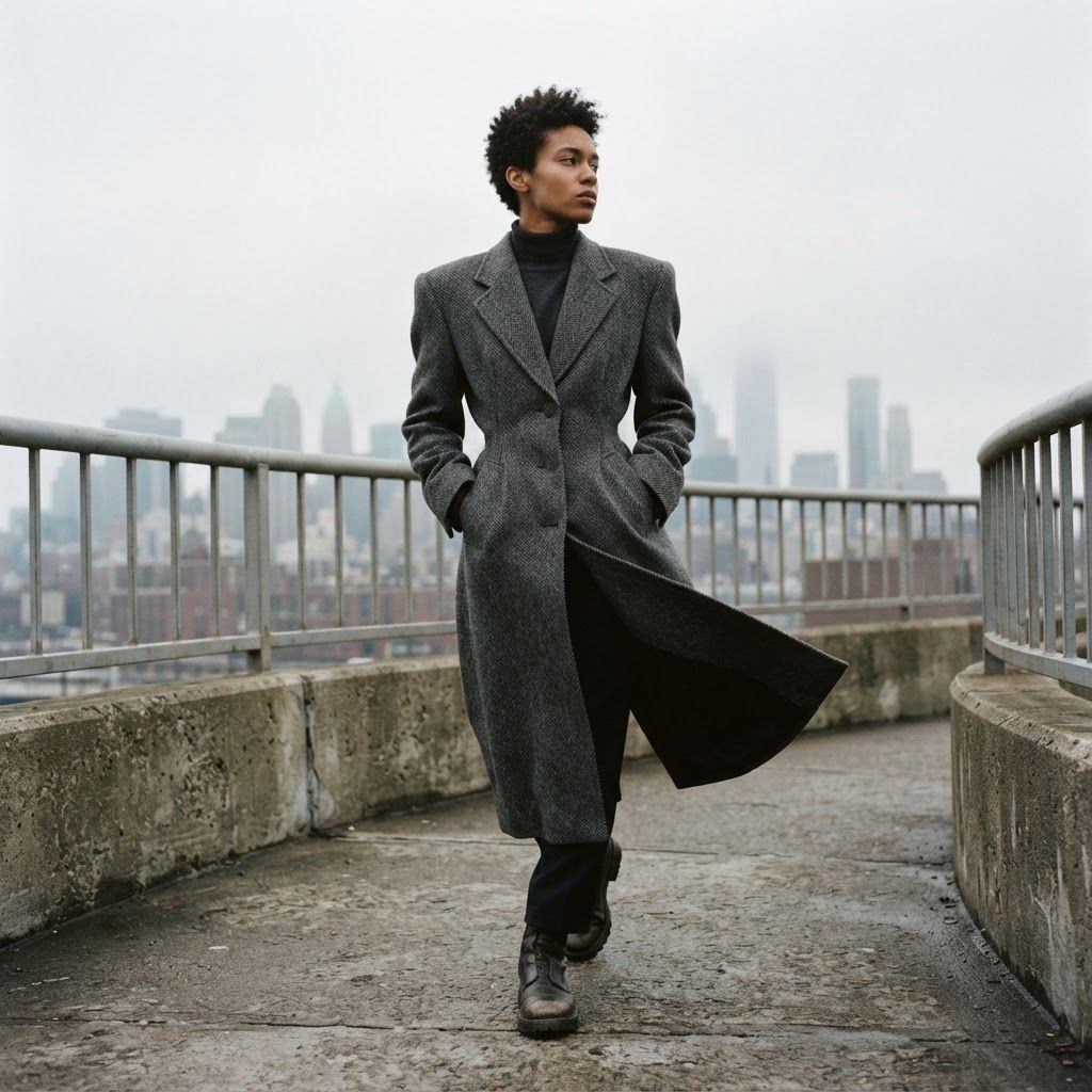 Sculptural Coat on a Windy Bridge: Low-angle, full-length fashion photograph on a concrete bridge with the skyline framed between simple railings.