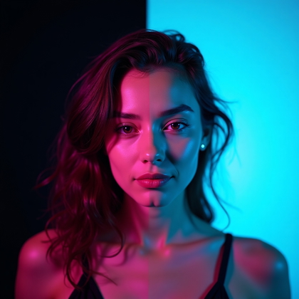 AI-generated photo: Photorealistic studio portrait photograph of a person centered between a deep black seamless backdro...