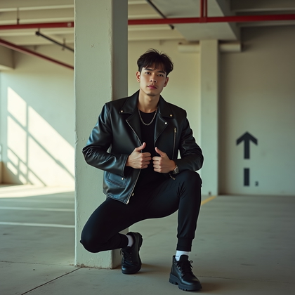 Photorealistic fashion editorial portrait photo inside a minimalist concrete parking garage where diagonal shafts of sunlight cut through high wall openings and stripe the floor. The subject leans against a pale column in a sleek leather jacket layered over fitted streetwear, one knee bent with a foot braced to the pillar, hands lightly gripping the lapels, expression bold and inviting to camera. Long painted arrows and repeating guardrails recede into soft blur, creating strong leading lines and depth. A cool ambient wash balanced by a warm edge highlight sculpts clean contours while keeping the eyes bright and central.