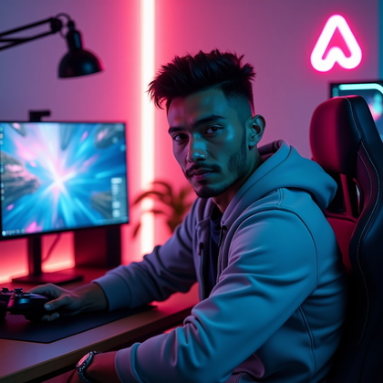 AI-generated photo: Photorealistic fashion portrait photography style, slightly low-angle three-quarter streamer portrai...