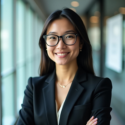 AI-generated photo: Professional headshot: Close-up against a bright corporate corridor with frosted glass and brushed s...