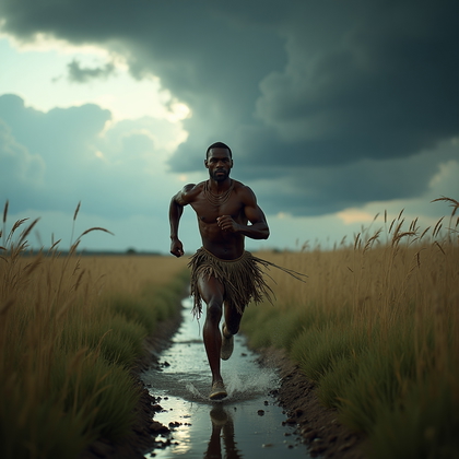 AI-generated photo: Photorealistic outdoor action photo: Under a sweeping thunderhead over open savanna, the subject exp...