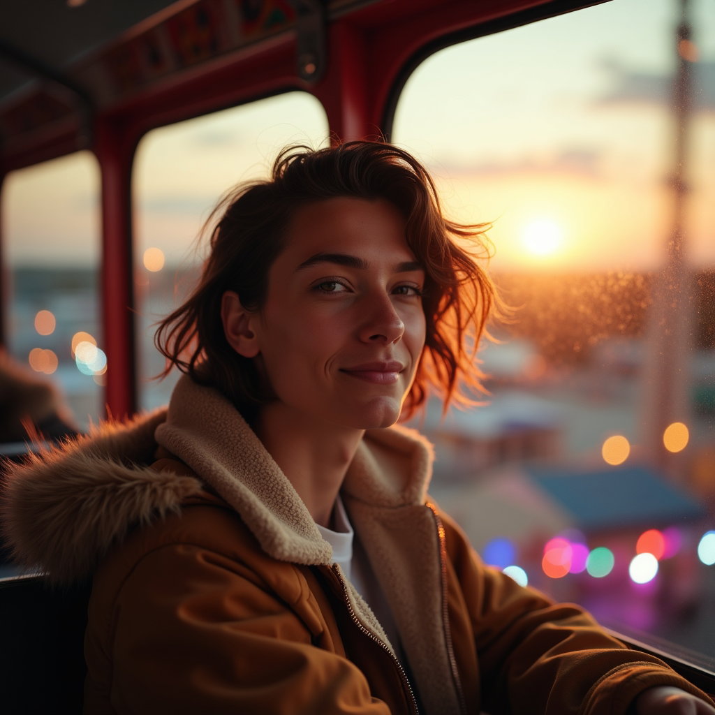 Ferris Wheel Daydream Portrait example: Photorealistic festival portrait photography. Environmental portrait inside a stationary Ferris wheel gondola, the subje