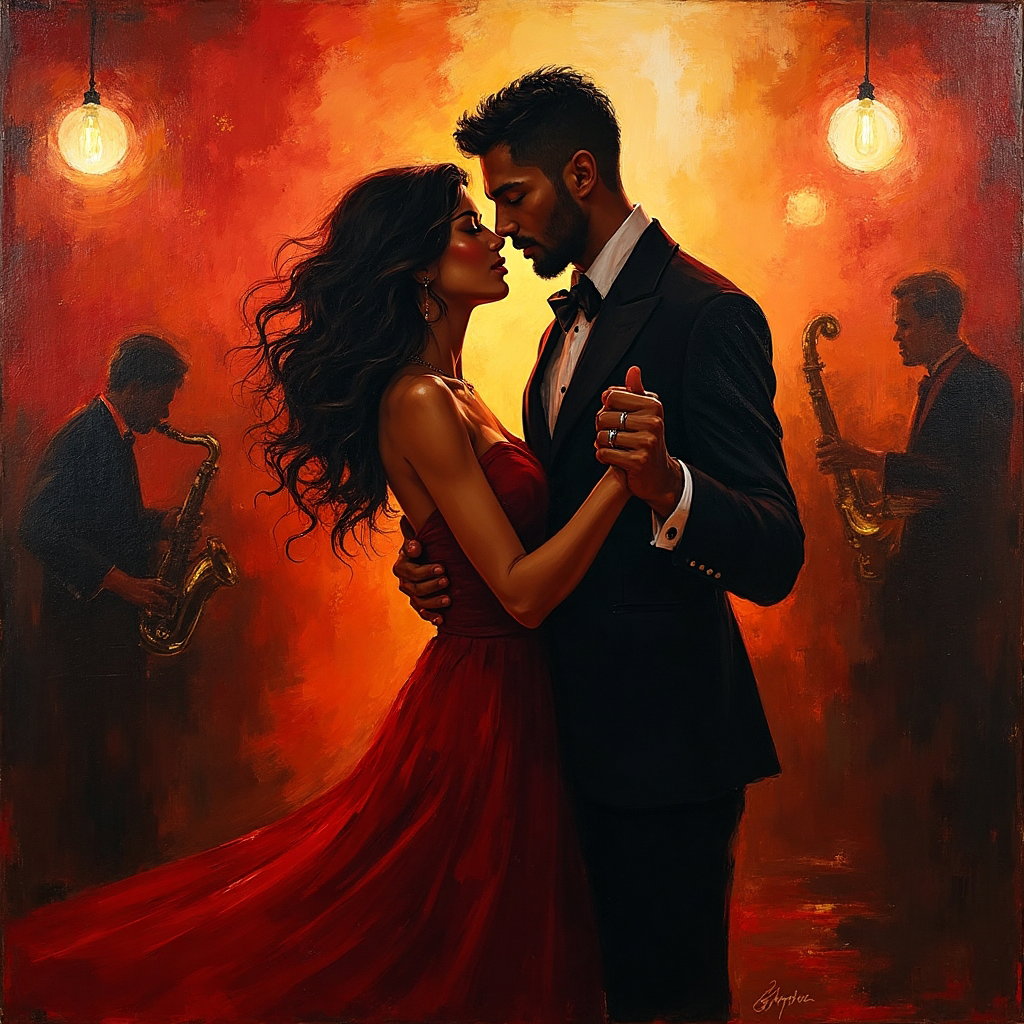 AI-generated photo: **Expressionist painting.** An evocative depiction of a couple dancing passionately in a dimly lit j...