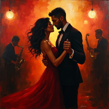 AI-generated photo: **Expressionist painting.** An evocative depiction of a couple dancing passionately in a dimly lit j...