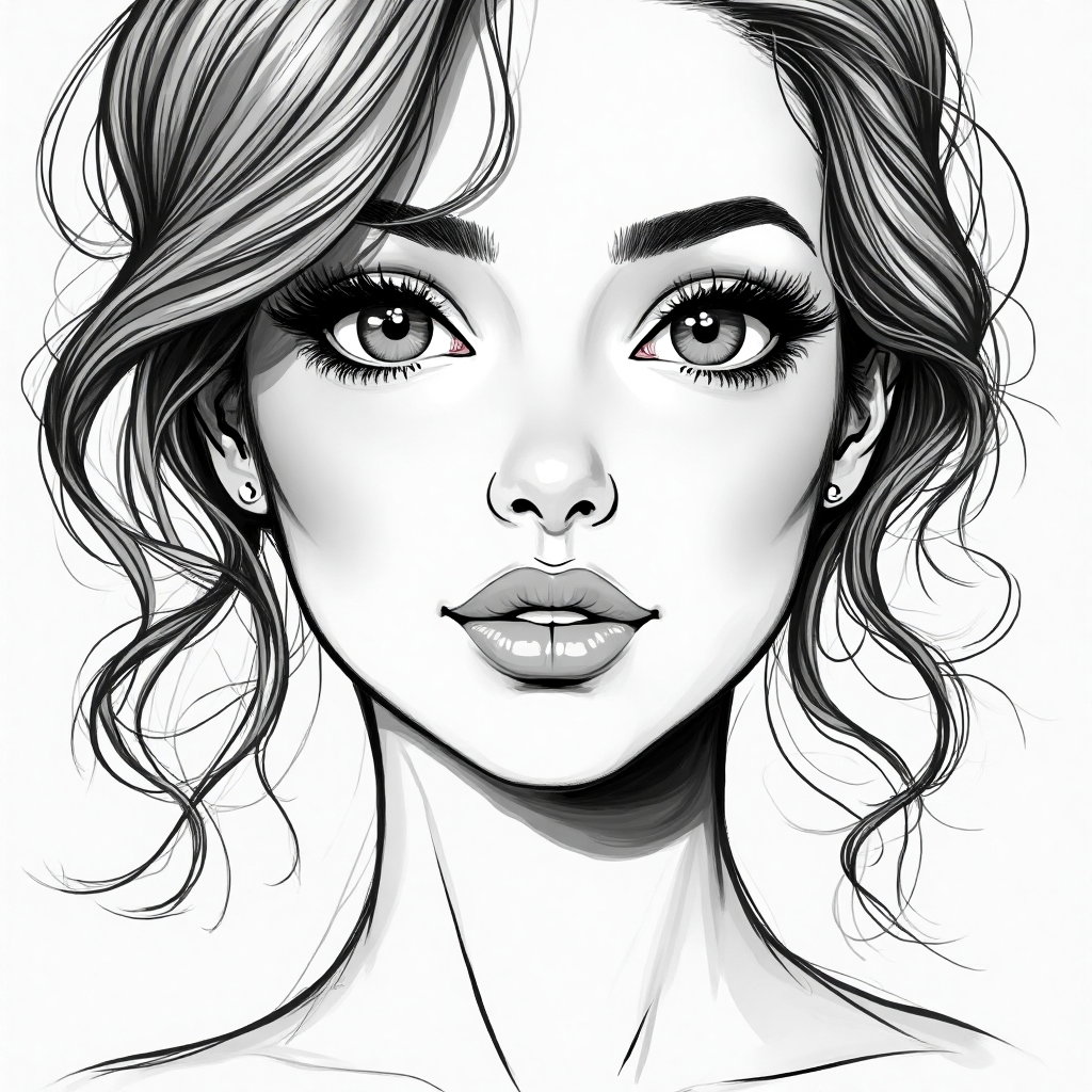 AI-generated photo: **Line art illustration.** Create an emotive close-up of a 26-year-old Eastern European woman with a...