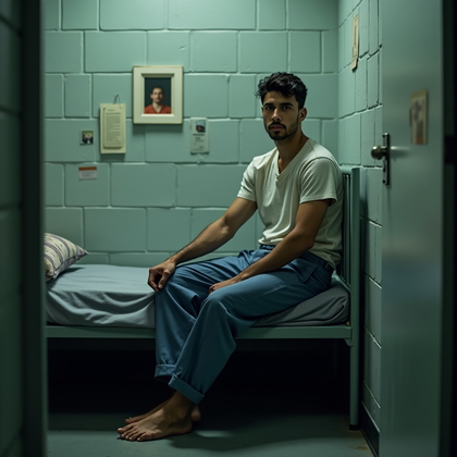 AI-generated photo: Photorealistic prison portrait photography, person sitting sideways near the head of the lower bunk,...