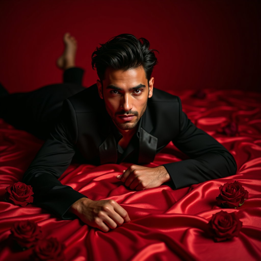 Crimson Satin Recline Portrait example: Dating profile photo. Editorial hero image with the subject reclining on a wide expanse of crimson satin, positioned sli