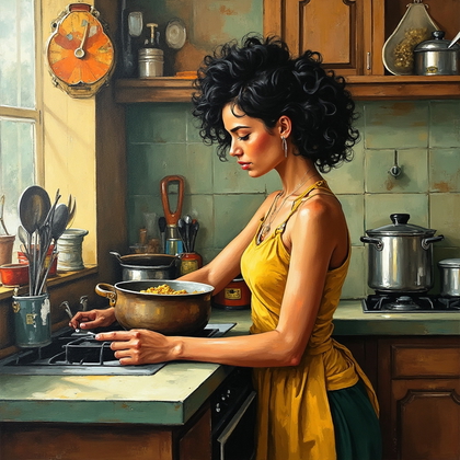 AI-generated photo: **Cubist painting**. A depiction of a kitchen interior where common kitchenware, such as pots, pans,...
