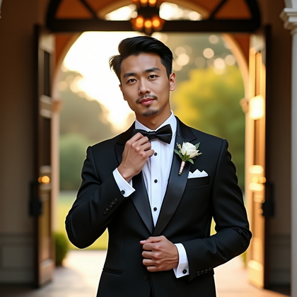 AI-generated photo: Photorealistic lifestyle wedding photo; just outside the venue’s grand doorway at golden hour, the s...