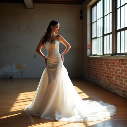 AI-generated photo: Photorealistic bridal editorial photography; full-length vertical portrait in a sun-flooded industri...