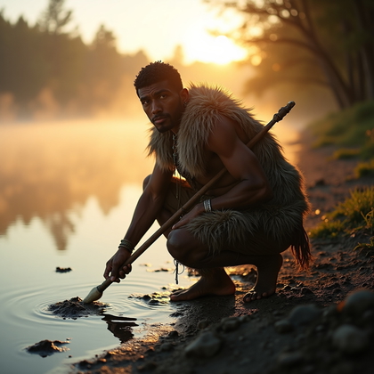 AI-generated photo: Photorealistic photography of a primal-themed “track reader crouch” by a misty riverbank at golden h...
