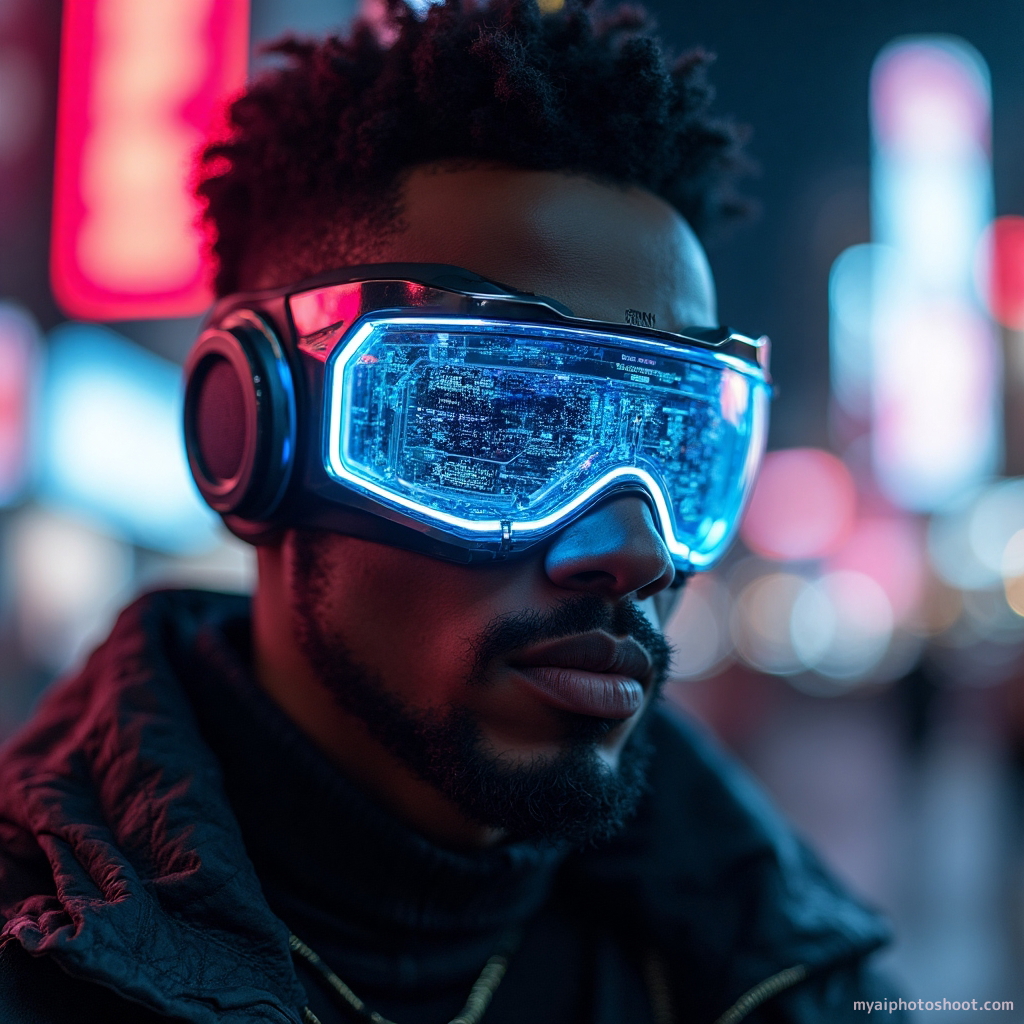 Cosplay accessory close-up capturing a futuristic, cyberpunk visor with sleek, angular lines and a reflective, mirrored surface that displays dynamic holographic graphics. The visor’s frame is crafted from lightweight titanium, with neon blue accents glowing along the edges, creating a high-tech aesthetic. It sits against a backdrop of a dimly lit, neon-infused cityscape, with blurred lights in the distance adding depth and a sense of immersion into a vibrant, dystopian world. The lighting is bold and striking, accentuating the cutting-edge design and emphasizing the futuristic, urban atmosphere.