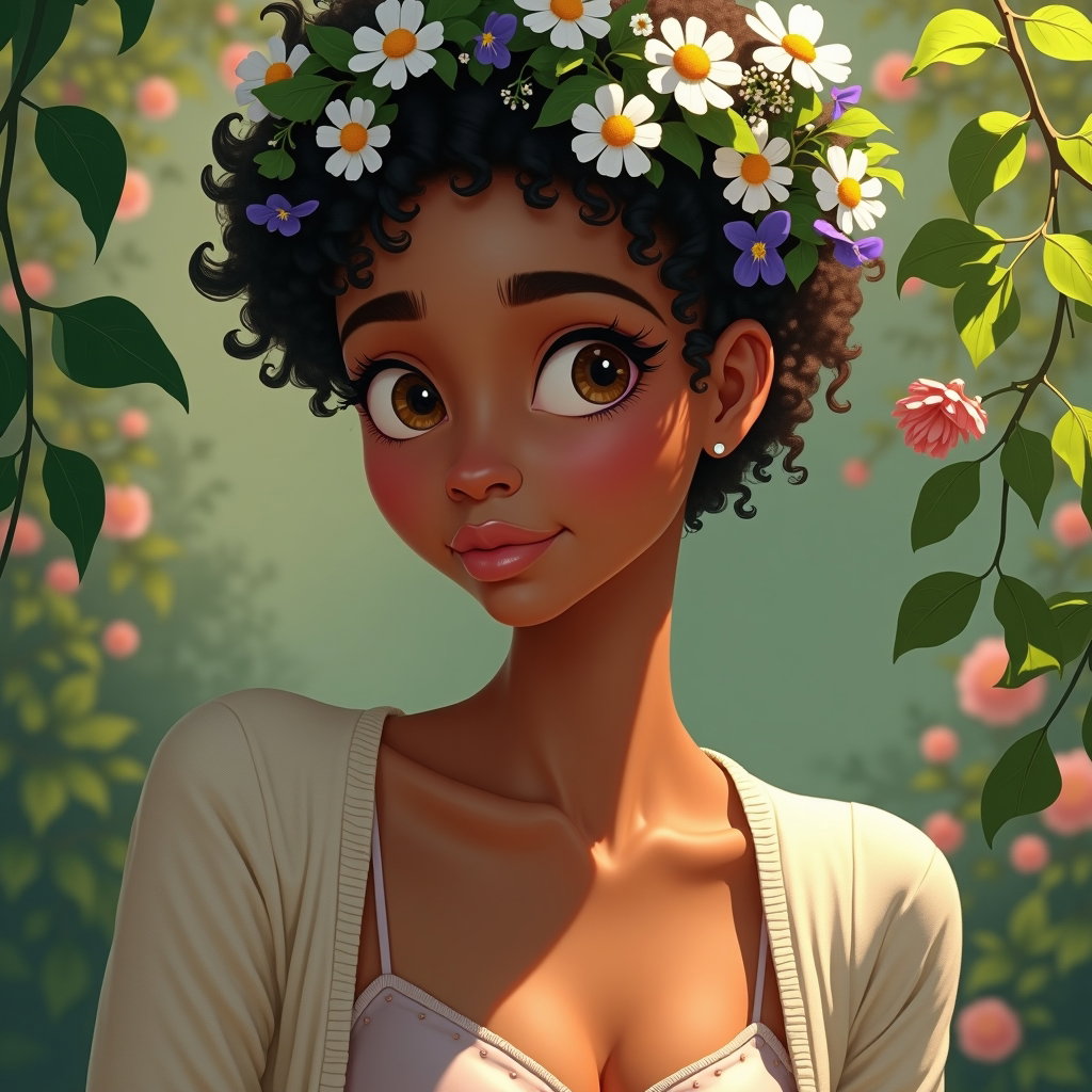 Gros plan avec couronne de fleurs : portrait de jardin rapproché d’une personne partiellement encadrée par des branches fleuries, portant une couronne de marguerites, de violettes et de petites fleurs blanches.