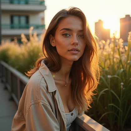 AI-generated photo: Photorealistic lifestyle portrait photography staged as a rooftop garden at golden hour, with plante...